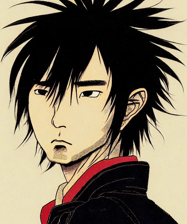 Prompt: a portrait of a smirking young japanese man, his hair is messy and unkempt, he is wearing an embroidered leather jacket, a masterful and highly - skilled full color illustration by otomo katsuhiro and kim jung gi, half - profile portrait, realistic proportions and anatomy, dynamic