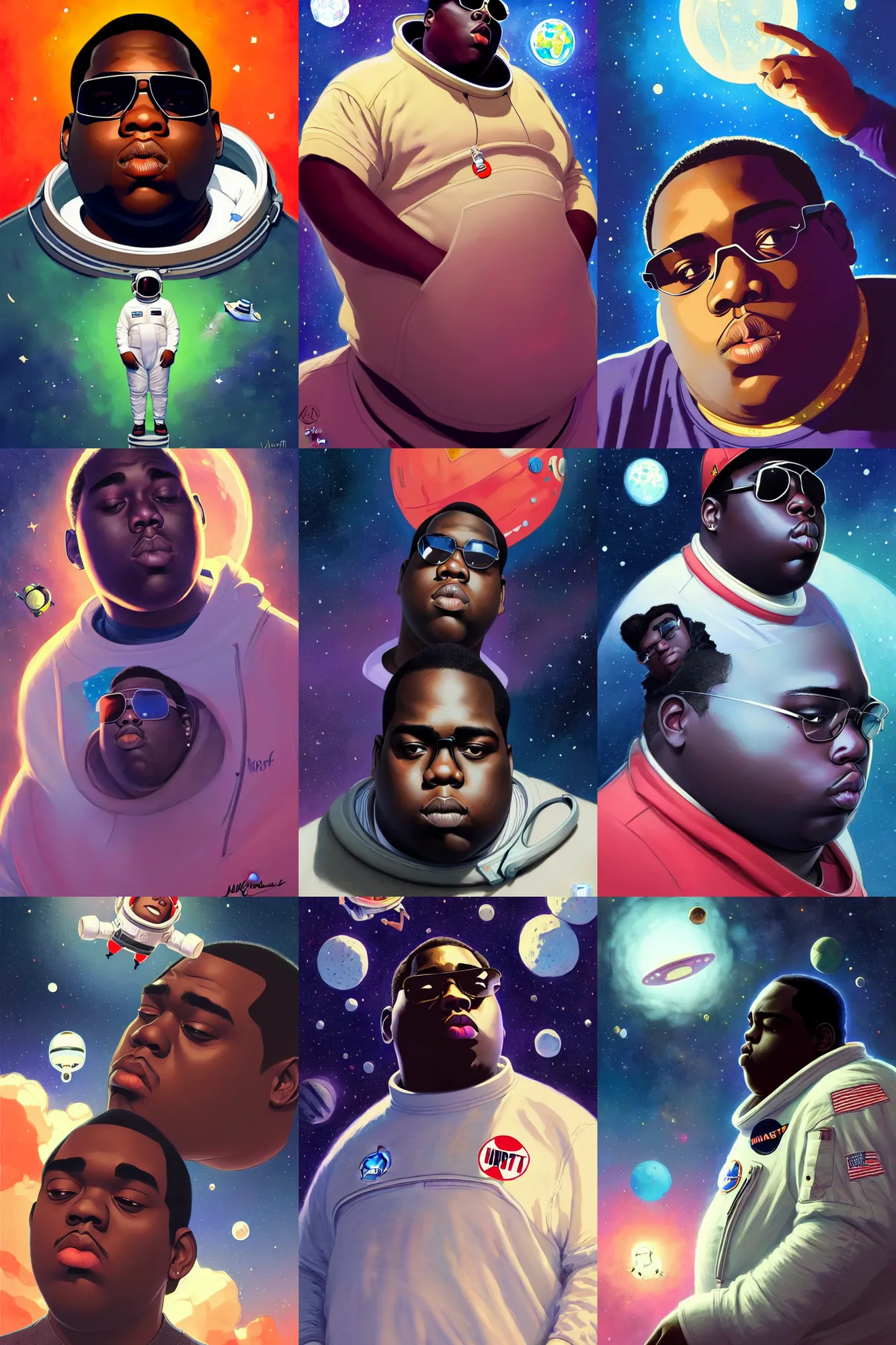 Prompt: the notorious b. i. g. as a short astronaut getting lost in space, animation pixar style, shaded lighting poster by magali villeneuve, artgerm, jeremy lipkin and michael garmash, rob rey and kentaro miura style, trending on art station