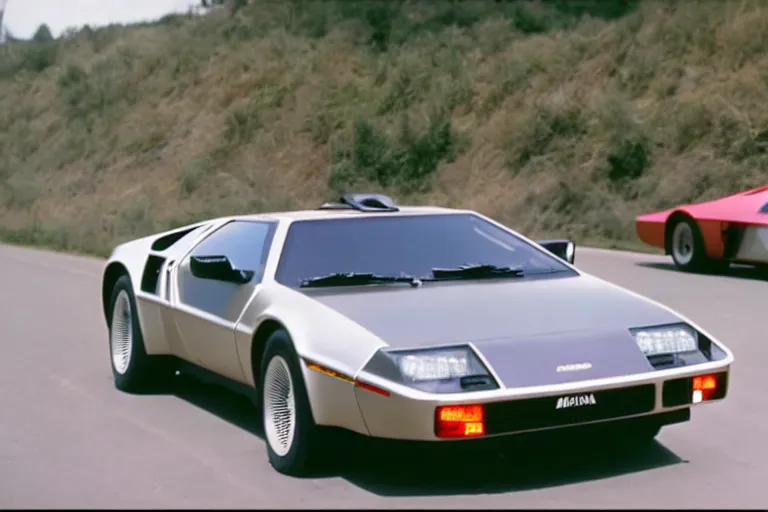 Image similar to vintage archival race footage of a single delorean, with elements of the De Tomaso Pantera, Lotus, GT40, BMW M1, and Countach, movie still, speed, cinematic Panavision 5384 film