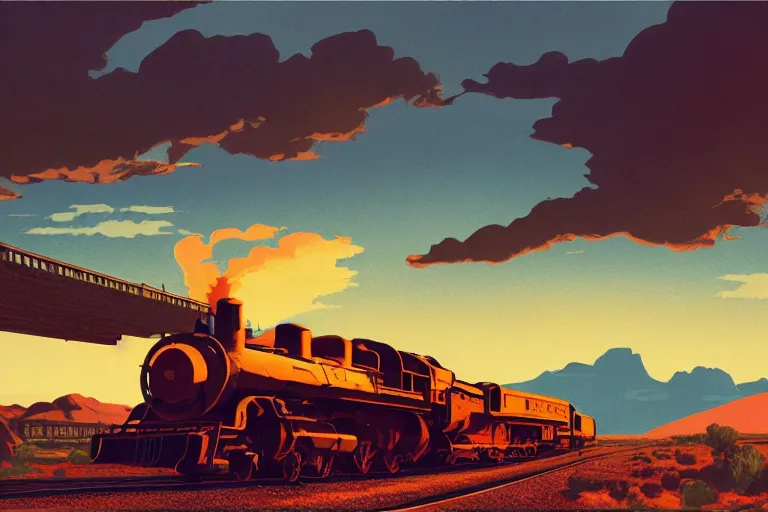 Image similar to idyllic old western freight train illustration by syd mead, artstation, 4 k, graphic novel, concept art, matte painting, steam engine spewing billowy white clouds of steam, beautiful mountain desert sunset background, golden hour