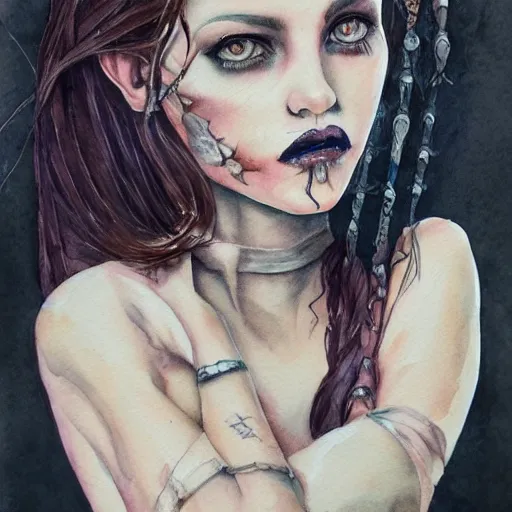 Image similar to watercolor art on paper, scorpio girl portrait gothic, highly detailed, artstation, masterpiece, award - winning