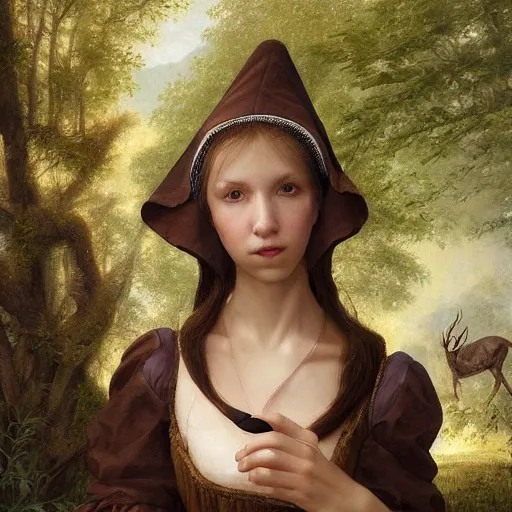 Image similar to A masterpiece portrait of a Incredibly beautiful maid barique renaissance swamp nun girl hunting on deer with russian greyhound medium shot, intricate, elegant, highly detailed. trending on artstation, digital art, by Stanley Artgerm Lau, WLOP, Rossdraws, James Jean, Andrei Riabovitchev, Marc Simonetti, Yoshitaka Amano. background by James Jean and Gustav Klimt, light by Julie Bell, 4k, porcelain skin.