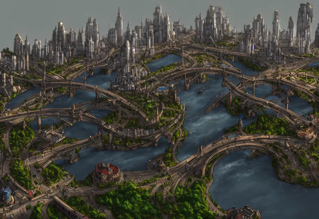 Image similar to wide shot, establishing shot of a modern day dungeons and dragons city with a river, trending on artstation, digital art, 4 k, 8 k