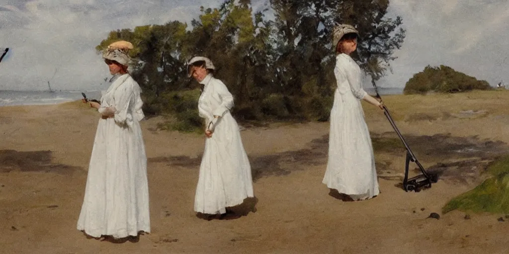 Image similar to A young Edwardian woman wearing a white dress, uses a metal detector on a beach in Sweden, in the style of Anders Zorn