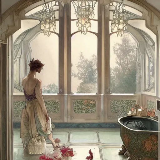 Image similar to a beautifull intricate watercolour painting of a bathroom, reflexions, verry high details by william turner art, greg rutkowski and alphonse mucha, trending on artstation, very very detailed, masterpiece, muted colors