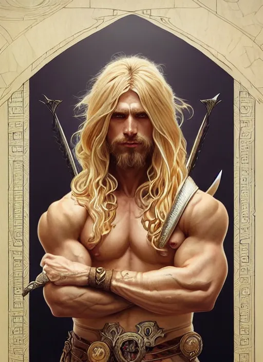 Prompt: symmetry! portrait of barbarian, long blond hair, d & d, muscular! fantasy, intricate, elegant, highly detailed, digital painting, artstation, concept art, smooth, sharp focus, illustration, art by artgerm and greg rutkowski and alphonse mucha