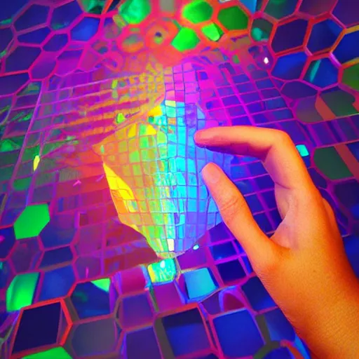 Image similar to a person holding a colorful object in their hand, a hologram!! ( ( ( by jeka kemp ) ) ), polycount, crystal cubism!!!, made of crystals!!!, irridescent, holographic