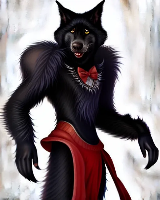 Prompt: character concept art of a black anthropomorphic furry male wolf long red hair | | cute - fine - face, pretty face, key visual, realistic shaded perfect face, fine details by stanley artgerm lau, wlop, rossdraws, james jean, andrei riabovitchev, marc simonetti, and sakimichan, trending on artstation