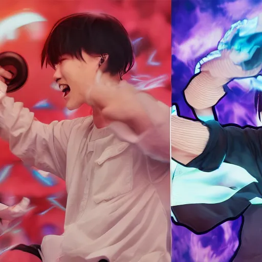 Image similar to jimin battling j hope in pokemon cards, in the style of james jean, artstation trending, 8 k, 3 d render, photorealistic, volumetric lighting caustics, pink