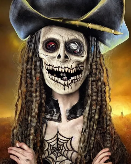 Image similar to halloween pirate theme surrealist art in the styles of igor morski, jim warren, and a tim burton film, intricate, hyperrealistic, accurate facial details, profile picture with chromakey!!!!! background, volumetric lighting