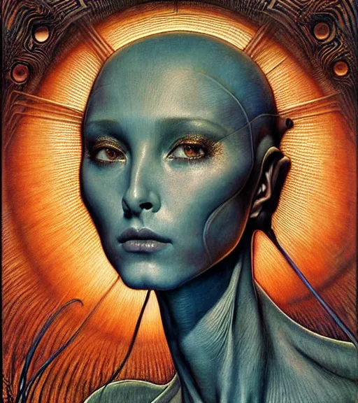 Image similar to detailed realistic beautiful young cher as alien robot as queen of mars face portrait by jean delville, gustave dore and marco mazzoni, art nouveau, symbolist, visionary, gothic, pre - raphaelite. horizontal symmetry by zdzisław beksinski, iris van herpen, raymond swanland and alphonse mucha. highly detailed, hyper - real, beautiful