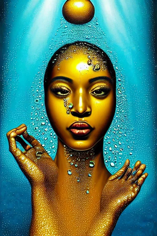Image similar to hyperrealistic precisionist cinematic very expressive! oshun goddess, water mirror dripping droplet!, gold flowers, highly detailed face, digital art masterpiece, smooth eric zener cam de leon, dramatic pearlescent turquoise light on one side, low angle uhd 8 k, shallow depth of field