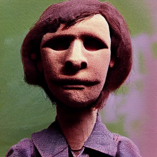 Prompt: a puppet made of human hair, old photo, expired color film, damaged photo, 1975