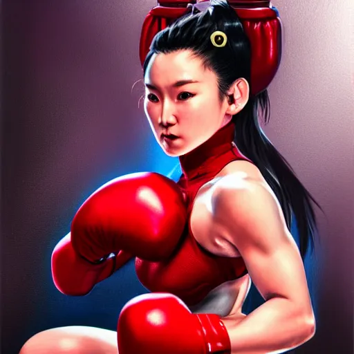 Image similar to 8K photorealistic Portrait of Chun-Li wearing red boxing gloves, sitting on a chair, intricate upper body, whole body, highly detailed, digital painting, artstation, concept art, smooth, sharp focus, illustration, art by Hajime Sorayama