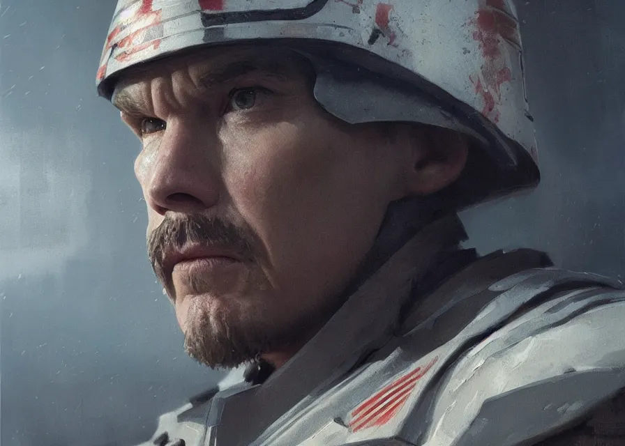 Image similar to painting portrait of Ethan Hawke dressed as general in Star Wars, sharp focus, waist up, trending on ArtStation, masterpiece, by Greg Rutkowski, by Ross Tran, by Fenghua Zhong, octane, clear eyes, soft render, clear facial features, oil on canvas, moody lighting, cinematic, professional environment concept art