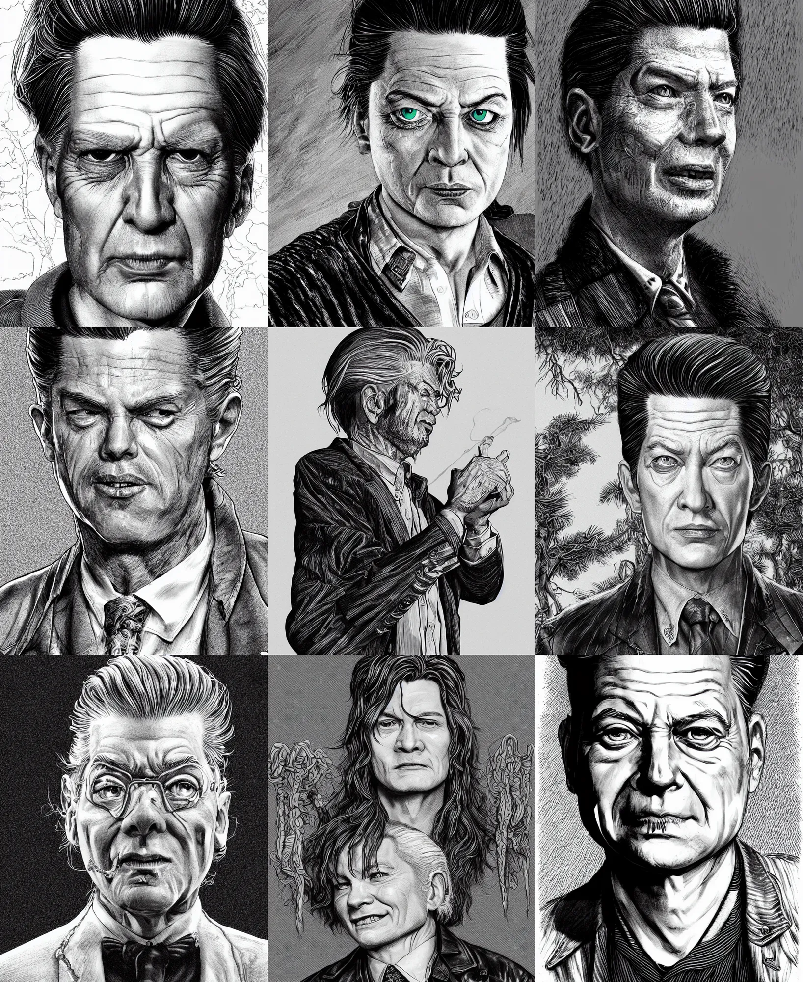 Prompt: highly detailed ink illustration of phillip michael gerard from twin peaks, unreal engine, octane render, b & w clean shaped illustration by kim jung gi, ric estrada, ron english and eiichiro oda