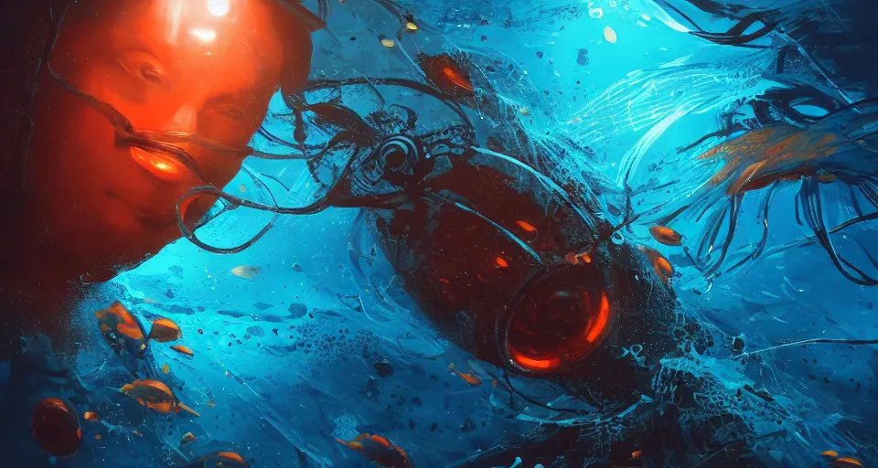 Image similar to bioluminescent underwater life fighting, blue and orange light, cyberpunk, deep ocean, bottom of the sea, dark, extreme depths, organic, mariana trench, midnight zone, bubbles, hyper realistic, hyper detailed, digital art, trending in artstation, studio quality, photorealistic, photo, by jesper ejsing, wlop, paul lehr