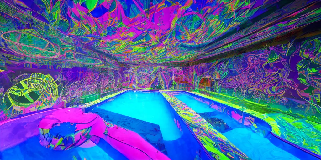 Prompt: backflip into a pool caustics lighting impressive colorful masterpiece graffiti hyper perspective textured detailed intricate