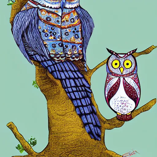 Image similar to owl playing panpipe, digital art