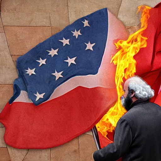 Prompt: Karl Marx burning a communist flag, realistic photo.