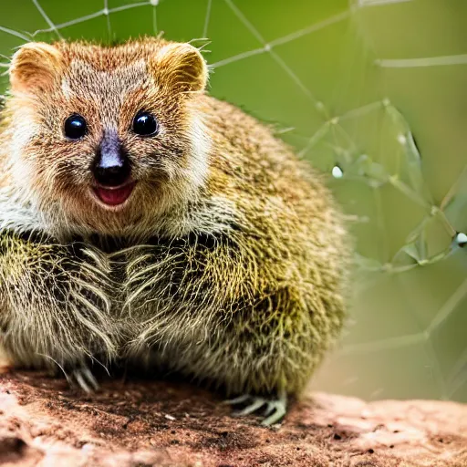 Image similar to happy spider quokka hybrid, bold natural colors, national geographic photography, masterpiece, in - frame, canon eos r 3, f / 1. 4, iso 2 0 0, 1 / 1 6 0 s, 8 k, raw, unedited, symmetrical balance