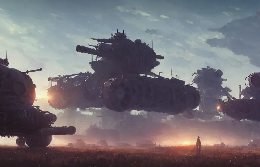 Image similar to concept art of an open field with ruined dieselpunk orcish tanks in the background, key visual, ambient lighting, highly detailed, digital painting, artstation, concept art, sharp focus, by makoto shinkai and akihiko yoshida and hidari and wlop