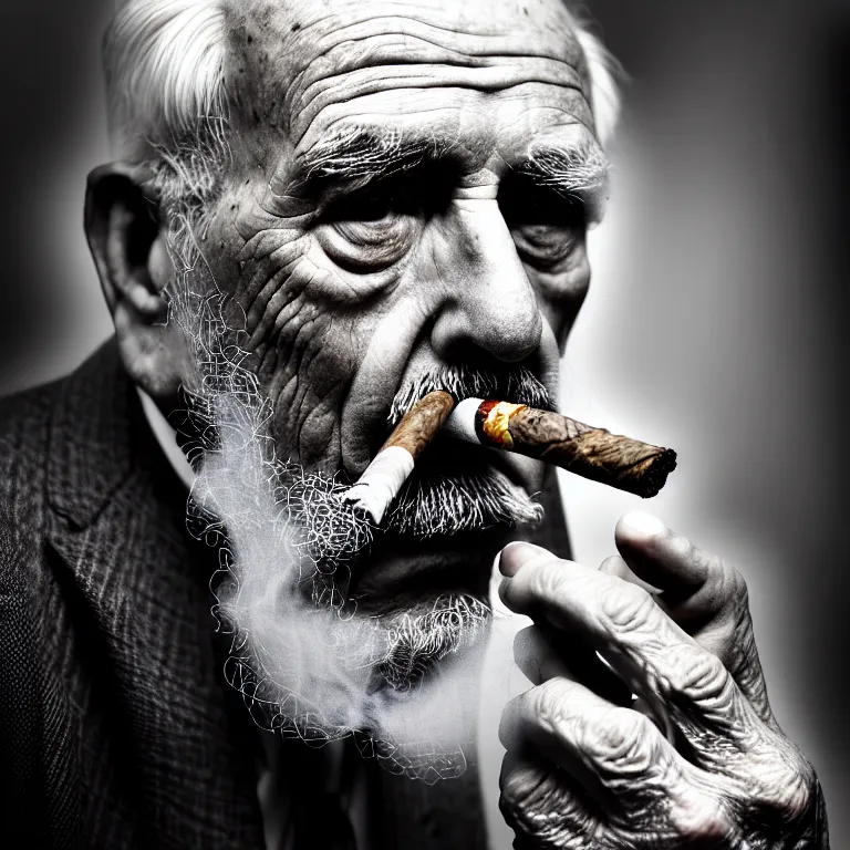 Image similar to a intricately detailed portrait of an old man, smoking a lit perfectly symmetrical cuban cigar, looking at a case of freshly opened monti cristo cigars, cinematic photography, smoke rising like clouds, beautifully symmetrical, super resolution, cgi, trending on art station, volumetric lighting & shadows, hyper detailed, 8 k, unreal engine, canon 2 0 0 mm,