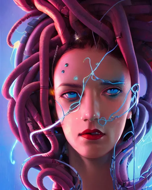 Prompt: muted, minimal, a cyberpunk close up portrait of cyborg medusa, electricity, snakes in hair, sparks, bokeh, soft focus, skin tones, warm, sky blue, daylight, by paul lehr, jesper ejsing