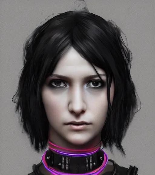 Image similar to detailed realistic female character cyberpunk wearing thick tight collar around neck, realistic, art, beautiful, 4K, collar, choker, collar around neck, punk, artstation, detailed, female, woman, choker, cyberpunk, neon, punk, collar, choker, collar around neck, thick collar, tight around neck, punk,