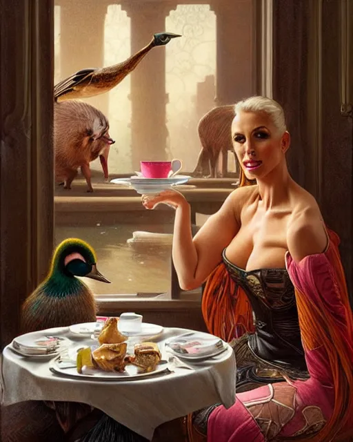 Image similar to Portrait of Jodie Marsh & a mallard & a pig having tea at the Ritz, real life skin, intricate, elegant, highly detailed, artstation, concept art, smooth, sharp focus, art by artgerm and greg rutkowski and alphonse mucha