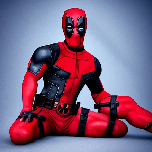 Image similar to full body pose, photograph of deadpool swimsuit, dim volumetric lighting, 8 k, octane beautifully detailed render, extremely hyper detailed, intricate, epic composition, cinematic lighting, masterpiece, very very detailed, stunning, hdr, smooth, sharp focus, high resolution, award, winning photo, dslr, 5 0 mm