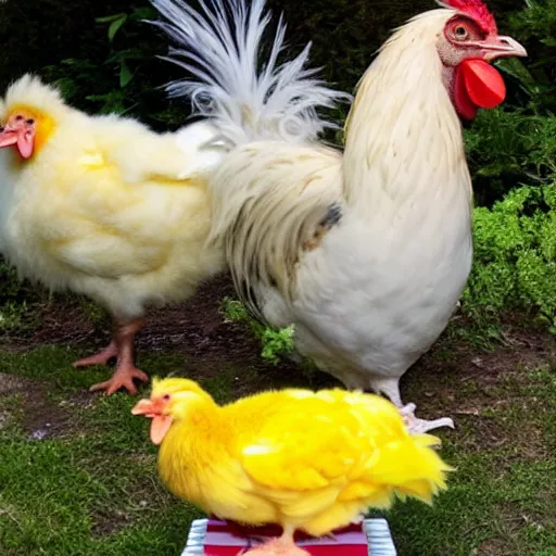 Image similar to a fluffy yellow newly hatched baby chicken stands near a big rooster and a miniature birthday cake