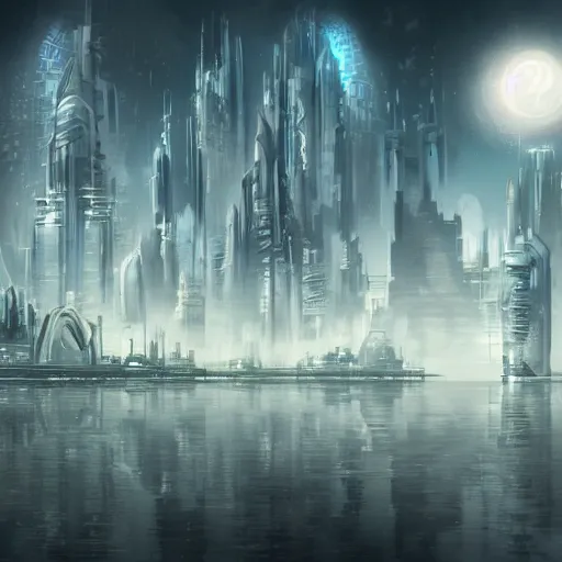 Image similar to a futuristic city floating in an ancient mystical atmosphere