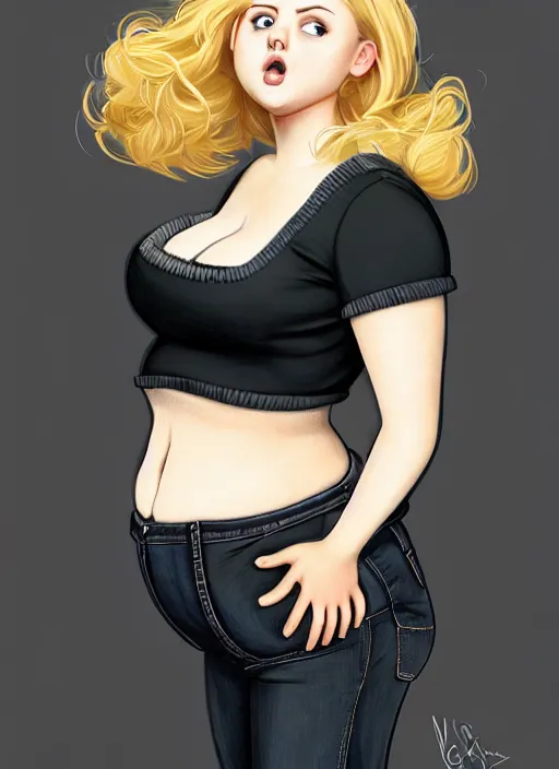 Prompt: full body portrait, teenage betty cooper, blonde hair, obese, bangs, ponytail, sultry, realistic, sultry smirk, fluffy bangs, curly bangs, fat, belly, intricate, elegant, highly detailed, digital painting, artstation, concept art, smooth, sharp focus, illustration, art by wlop, mars ravelo and greg rutkowski