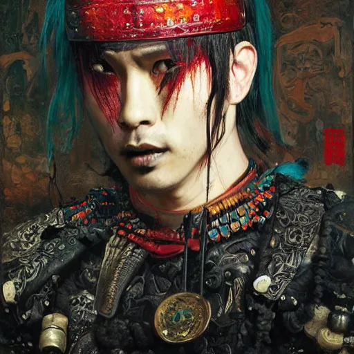 Prompt: ! dream portrait of a samurai warrior, goth punk,, vibrant colors, surreal, a french baroque by jean paul gaultier, art by greg rutkowski by john william waterhouse, oil on canvas