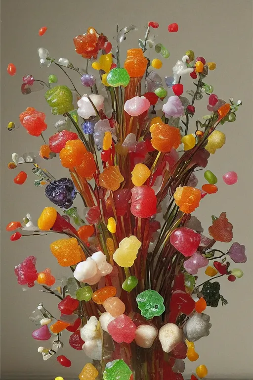 Prompt: still life of a bouquet of soft gummy bears and jelly beans in the shape of different gummy flowers, delicious rubbery transparent translucent squishy gummy sweets, soft gummy light, highly detailed, close up, northern renaissance