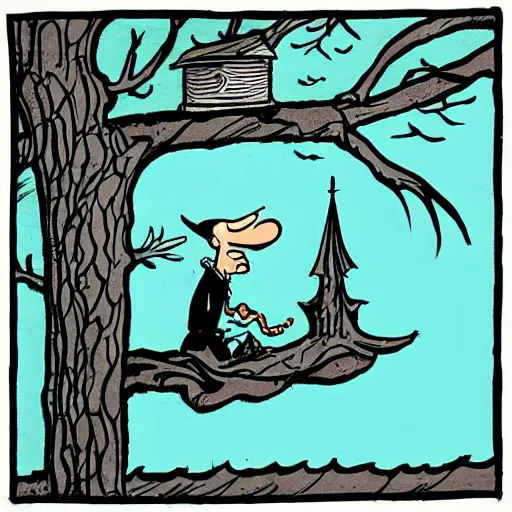 Prompt: neat ink drawing of cartoon wizard stuck in the top of the roof, in the tree, above the sea, by Bill Waterson,