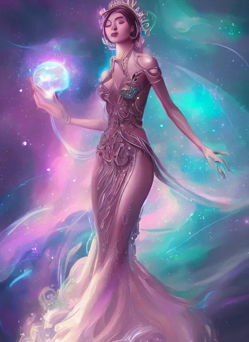 Prompt: a highly detailed illustration of elegant goddess wearing cosmic dress, elegant floating pose, beautiful detailed figure, nebula background, intricate, elegant, highly detailed, centered, digital painting, artstation, concept art, smooth, sharp focus, league of legends concept art, wlop