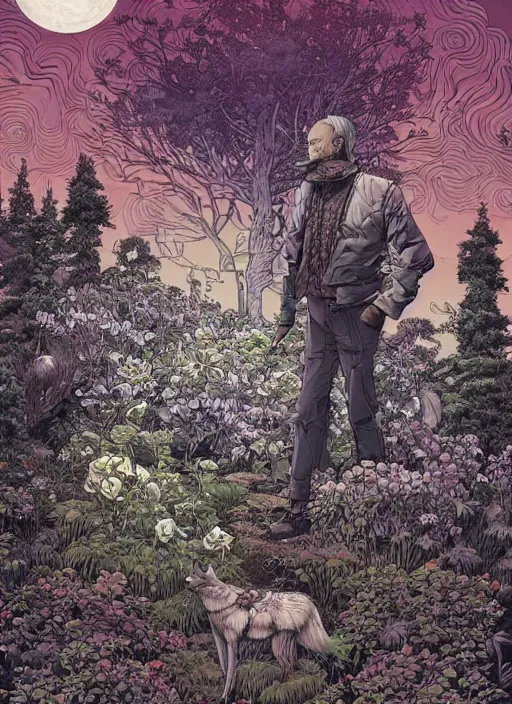 Image similar to a wolf in the garden by josan gonzalez, katsuhiro otomo, andrew ferez, rule of thirds, beautiful