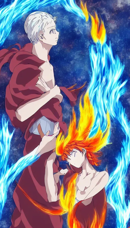 Image similar to a high quality anime still of fire and water mixing together, conveying a sense of balance inspired by the Temperance tarot card,