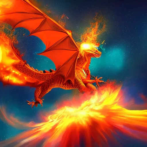 Prompt: a fiery dragon as a nebula explosion, ethereal, digital art trending on artstation