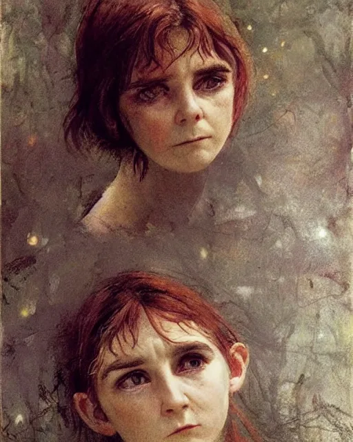 Prompt: a beautiful but sinister girl who looks like a young shirley henderson in dead space, with haunted eyes and crazy hair, horrifying, 1 9 7 0 s, seventies, delicate embellishments, a little blood, crimson, painterly, offset printing technique, by jules bastien - lepage