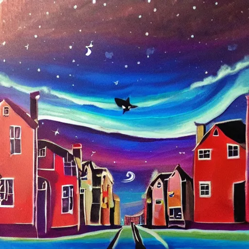 Image similar to paint acrylic a bird fly in the sky in the night over a town