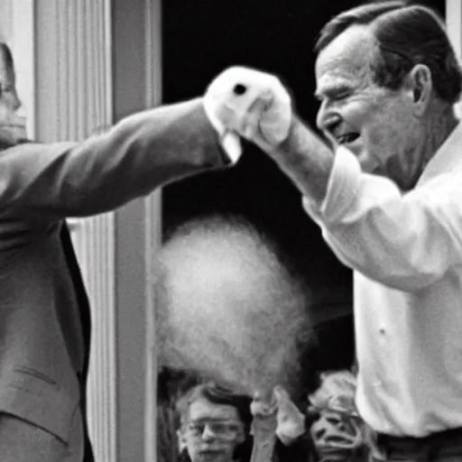 Prompt: George H.W. Bush punching a house