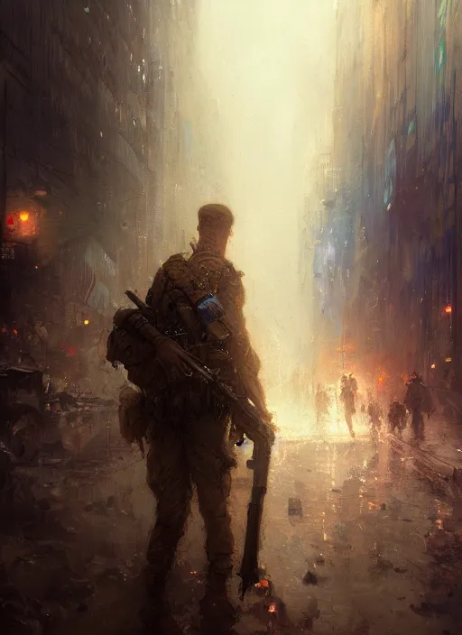 Prompt: an modern soldier in a new york subway in a zombie apocalypse art by greg rutkowski gaston bussiere fantasy soft hair trending on artstation deviantart book cover art concept art key art dramatic volumetric lighting, 4 k, award winning