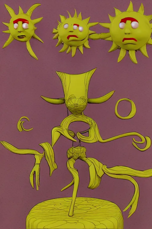 Image similar to clay style 3 d render of abstract sun - headed character'mason lindroth '!!!!!'hylics style '!!! multimedia, stylized, 3 d graphics, 4 k image