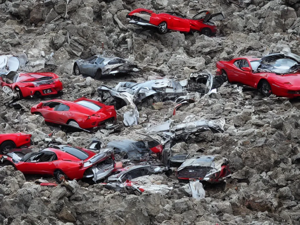 Image similar to crashed ferraris, 3 model lines on top of mount everest