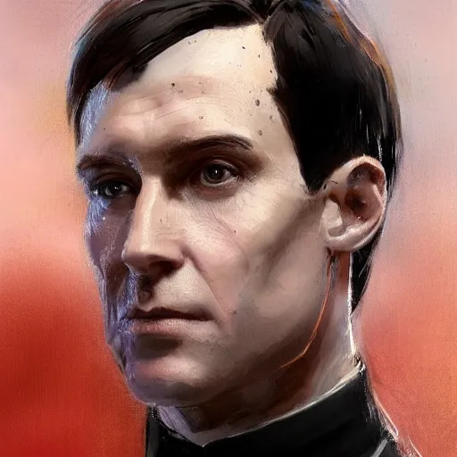 Prompt: Portrait of a man by Greg Rutkowski, he is about 40 years old, mixture between russian and irish, coiffed brown hair, attractive, extremely pale white skin, smart looking, he is wearing a black futuristic lawyer outfit, highly detailed portrait, scifi, digital painting, artstation, concept art, smooth, sharp foccus ilustration, Artstation HQ