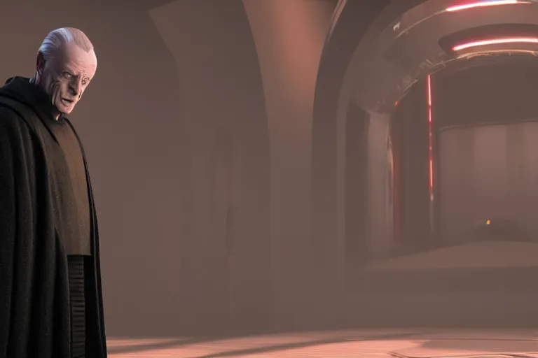 Image similar to a cinematic still of Ian McDiarmid as palpatine, wearing sith hood, ((octane render, nvidia raytracing demo)), masterpiece