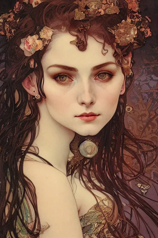 Prompt: realistic detailed face profile portrait of Mia Kirschner by Alphonse Mucha, Ayami Kojima, Amano, Charlie Bowater, Karol Bak, Greg Hildebrandt, Jean Delville, and Mark Brooks, Art Nouveau, Neo-Gothic, gothic, portrait of Mia Kischner, rich deep moody colors